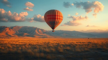 Obraz premium Hot air balloon over a golden landscape at sunset. Vast mountains and clouds frame the scene