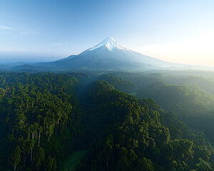 Obraz premium Snowcap Volcano Over Lush Rainforest.