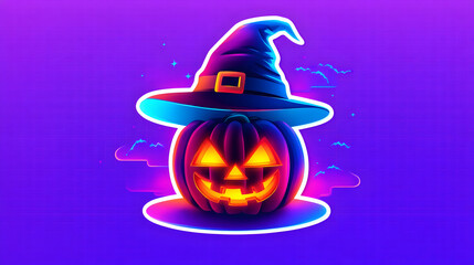 Glowing jack-o'-lantern wearing a witch's hat against a vibrant purple background