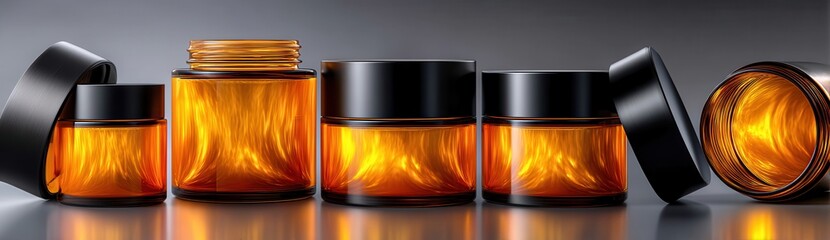 Elegant amber glass jars with black lids arranged in a modern display showcasing rich amber hues and captivating lighting effects for product presentation