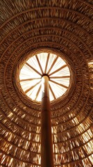 Sunlight streams through the center of a thatched palapa roof supported by a wooden pole