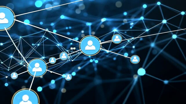 Glowing blue nodes with person symbols linked in a digital web, illustrating interconnectedness