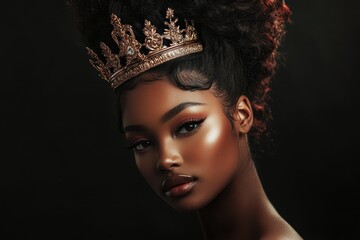 Portrait of a Regal Black Woman with a Crown, Emphasizing Beauty and Fashion on a Dark Background