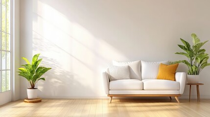 Relaxed atmosphere with comfy sofa and simple decor in stylish light-filled living room