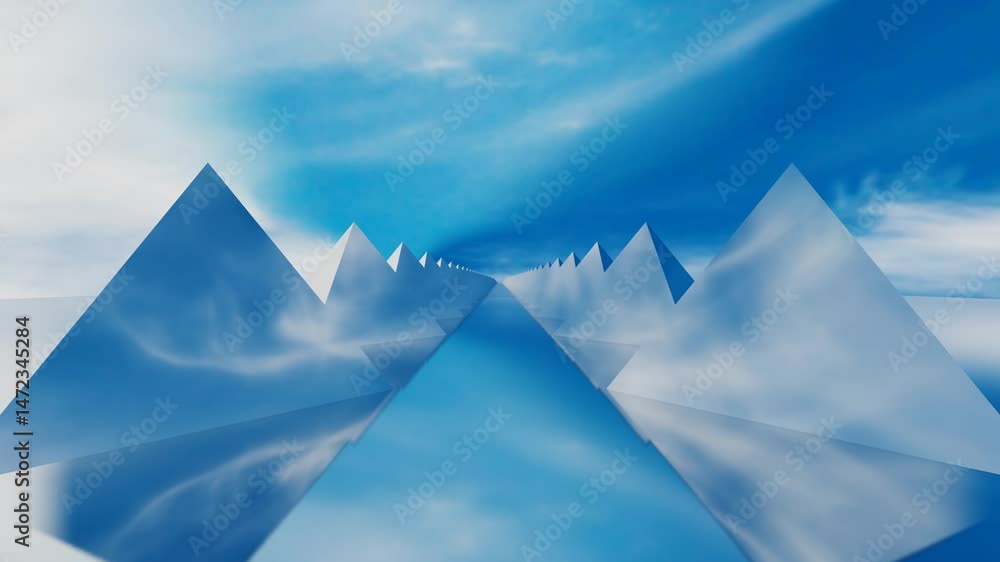 Poster abstract animated background rows of glossy pyramids against blue sky with white clouds. 3d render l