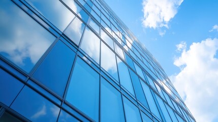 Modern glass skyscraper reflecting blue sky and clouds, low angle view showcasing architectural design and urban landscape. : Generative AI
