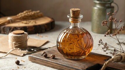 Vintage Style Glass Bottle with Warm Lighting and Wooden Accents