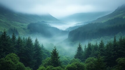 Misty valley with dense trees and hills covered in fog, creating an atmospheric landscape