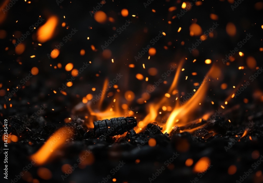 Leinwandbilder Embers glowing intensely, fiery sparks dance and float in the air above a bed of dark charcoal, creating a mesmerizing display of heat and energy. : Generative AI