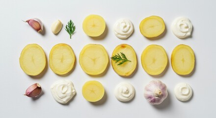 Boiled sliced potatoes with garlic peppercorns and dill arranged on white background with sour cream
