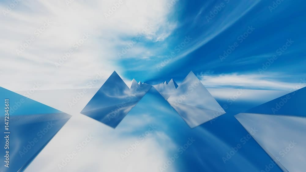 Aufkleber abstract animated background rows of glossy pyramids against blue sky with white clouds. 3d render l