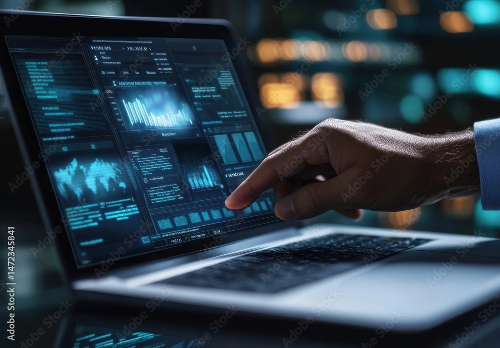 Aufkleber A man's hand interacts with a laptop displaying complex data visualizations, charts, and graphs, indicating data analysis or financial monitoring in a dark, technological environment. : Generative AI