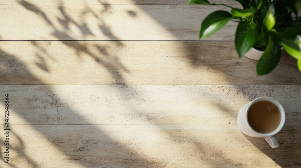 Poster overhead view of a wooden table bathed in sunlight, featuring a mug of tea and a potted plant; peace