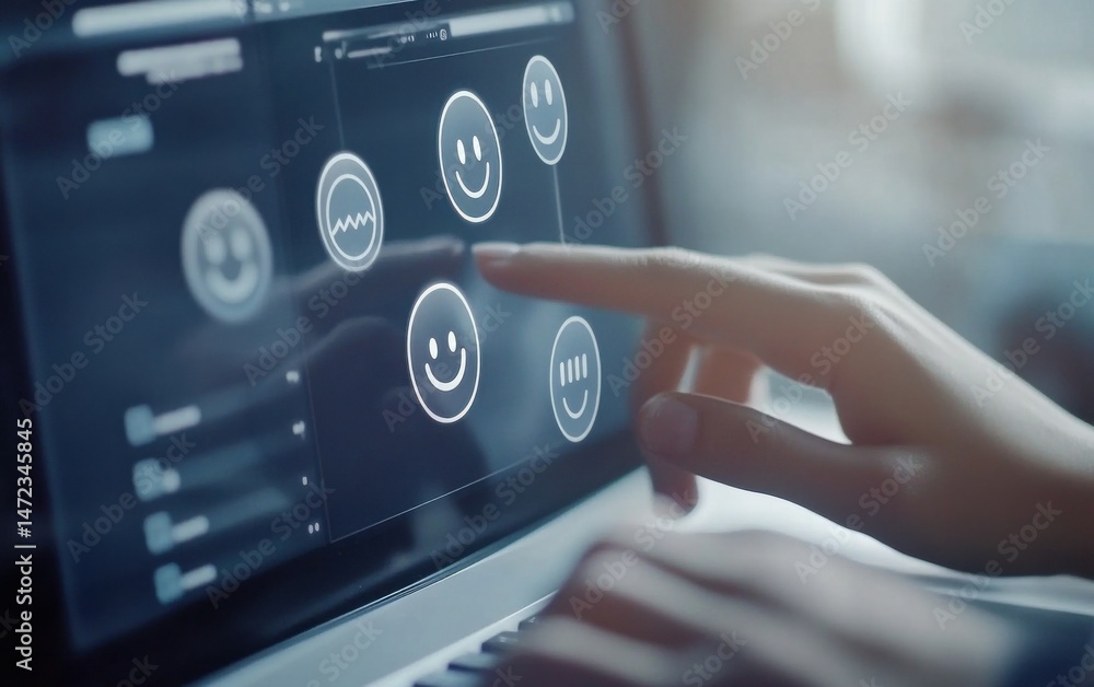 Poster Close-up of a hand interacting with a laptop screen displaying various smiley face icons, representing customer feedback or user experience. : Generative AI