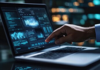 A man's hand interacts with a laptop displaying complex data visualizations, charts, and graphs, indicating data analysis or financial monitoring in a dark, technological environment. : Generative AI