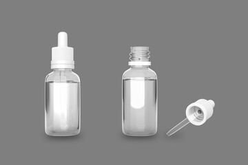 Open and closed Essential serum oil in transparent dropper glass  bottle with pipette isolated on gray background. acid, oil. Zero waste. Spa, beauty, skincare product. 3d rendering.
