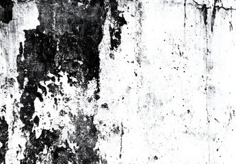 Fototapeta premium High-resolution monochrome texture image depicting a distressed, aged wall surface with peeling paint, showing black and white splatter patterns and cracks. : Generative AI