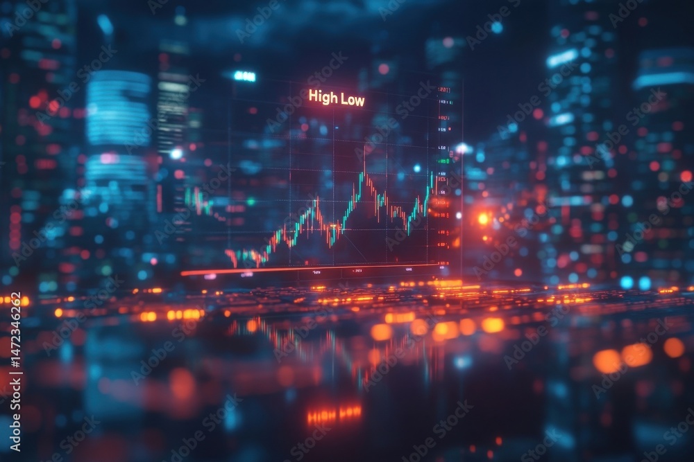 Poster a dynamic candlestick chart displays high and low stock market values against a blurred cityscape ba