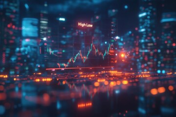 Obraz premium A dynamic candlestick chart displays high and low stock market values against a blurred cityscape backdrop at night, showcasing vibrant red and blue hues. : Generative AI