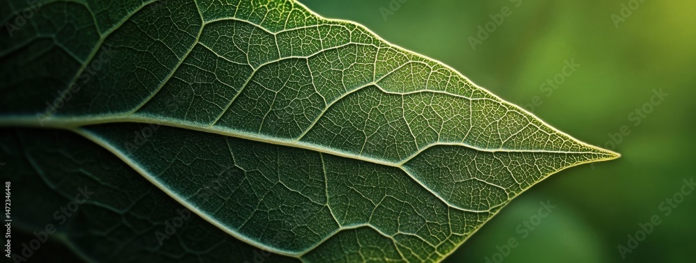Fototapete closeup of a vibrant green leaf, showcasing intricate vein patterns and a subtle backlight highlight