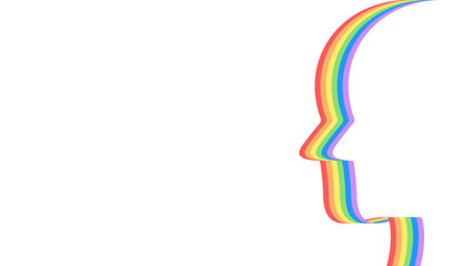 Colorful rainbow lines form the silhouette of a human head in profile, set against a clean white background with copy space