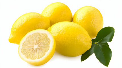 Four whole lemons and a lemon half, accompanied by green leaves, set against a white background