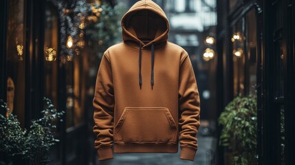 Fototapeta premium A hooded sweatshirt floats in a dimly lit alley, surrounded by foliage and blurred lights