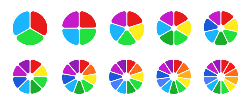 Pie chart set, segmented circle icons, color infographic flower round diagram, pie chart divided equal parts, infographic wheel segment and fraction, percentage wheel, circle with sections or parts