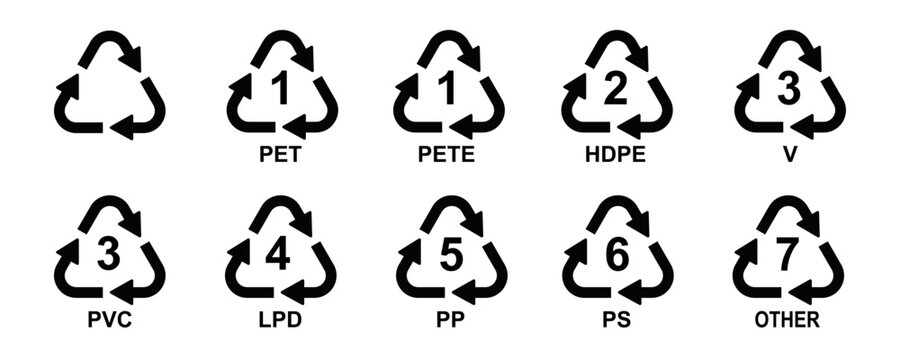 Plastic recycling code iconІ set. plastic recycling code symbol icon: PET, PETE, HDPE, V, PVC, LPD, PP, PS, OTHER