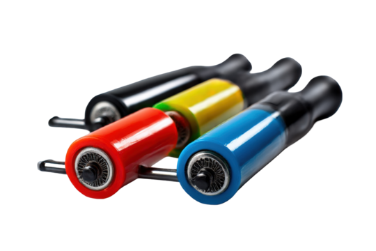 Colorful closeup of three unique fingerboard wheels red yellow and blue wheels isolated on toy fun gear on transparent background