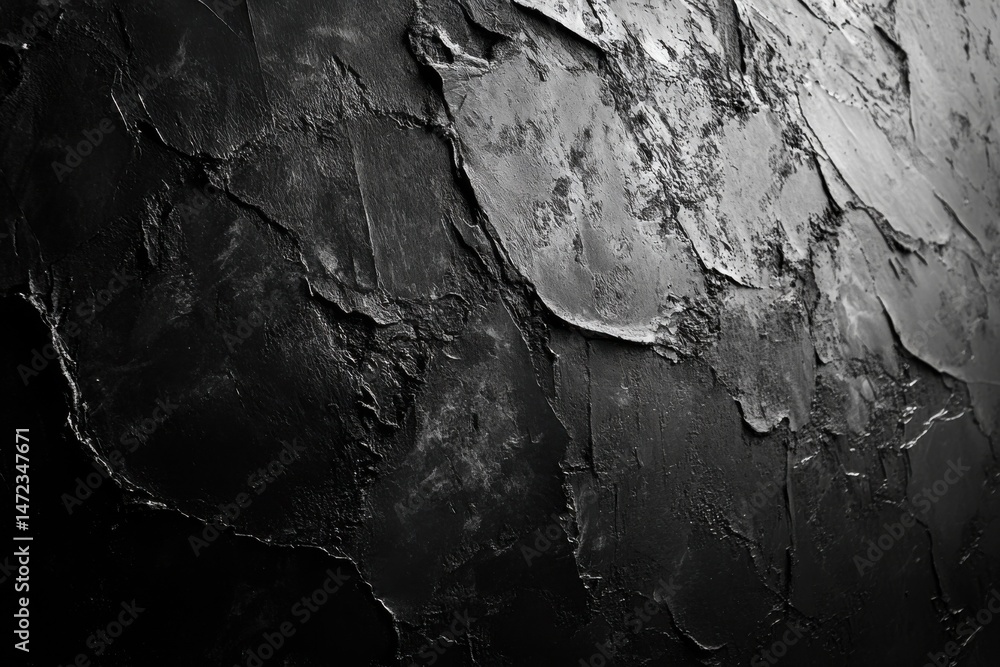Poster Dark, textured wall with deep shadows and dramatic relief, ideal for backgrounds or design projects needing a moody, intense aesthetic. : Generative AI
