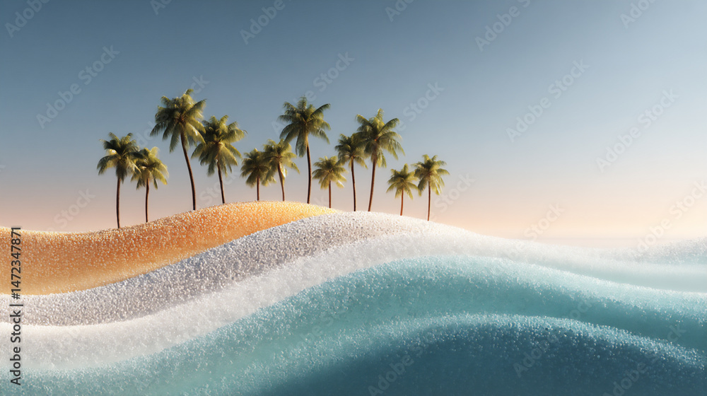 Poster abstract 3d rendering of green shapes representing palm trees on a light beige area representing san