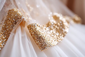 Close up of elegant white fabric and gold sequins decoration luxury