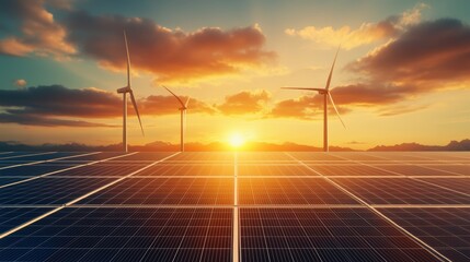 Solar panels gleam at golden sunset as wind turbines stand in the distance for sustainable energy future.