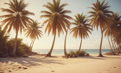 Warm, vintage-toned beach scene with palm trees, soft film flare and subtle distress ,  peaceful,  sand