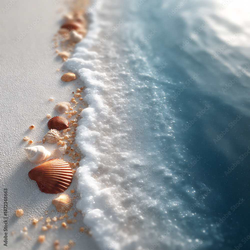 Poster close-up 3d rendering of the texture of white sand on a tropical beach with scattered seashells and 