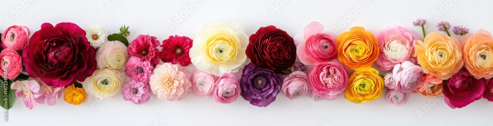 Poster vibrant ranunculus and dahlia blooms arranged in a colorful gradient, perfect for spring or summer f