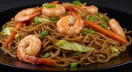 Stir-fried egg noodles with shrimp, cabbage and carrots served on black plate in close-up view