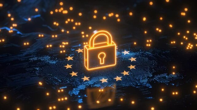 Digital Encryption Lock with Map of Europe Highlighted by Glowing Data Connections in Cybersecurity Concept 4k video footage