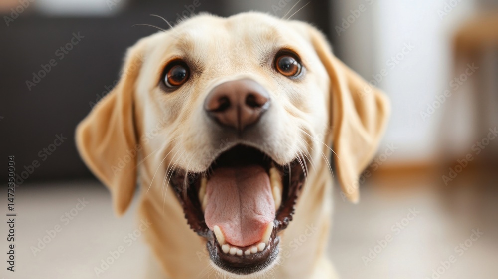Poster a happy, young labrador retriever dog with its mouth open, showing its teeth and tongue, looks direc