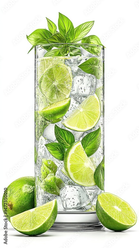 Poster refreshing lime and basil drink in a tall glass with ice cubes, garnished with fresh basil leaves. p