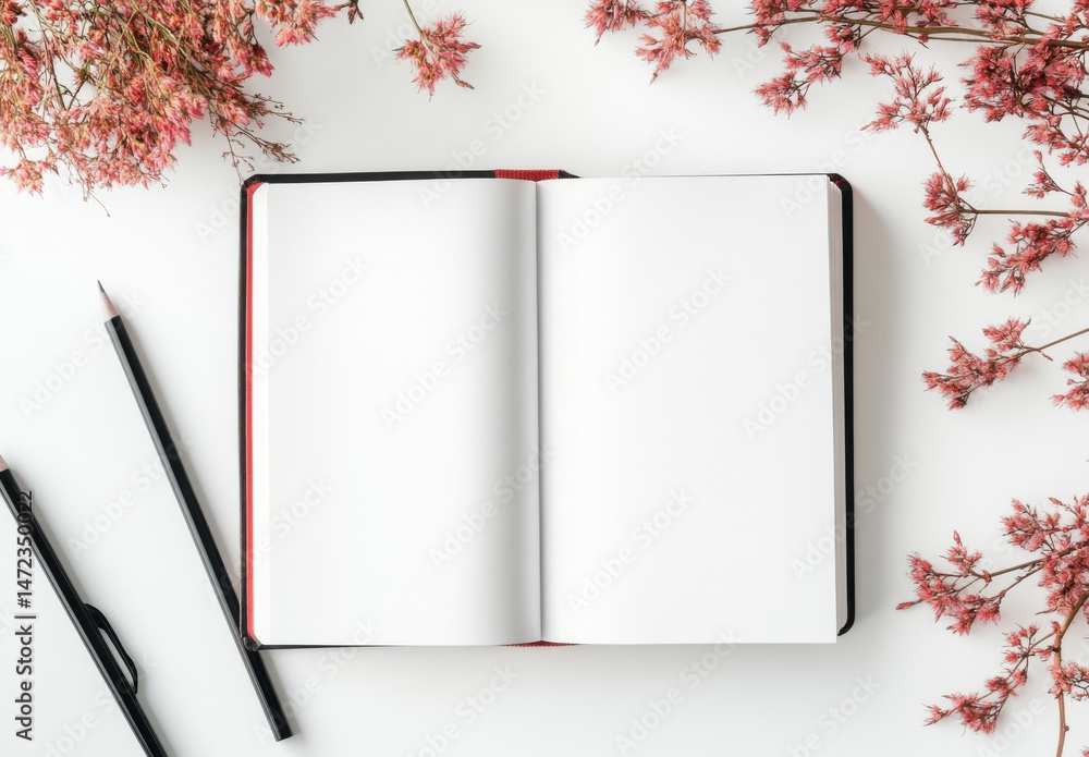 Poster open notebook with blank pages, two black pencils, and pink dried flowers arranged on a white surfac