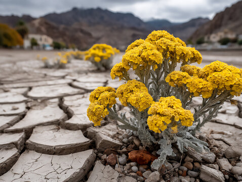 bright outdoor photograph of delicate yellow bladderpod flowers growing among rough, cracked earth and scattered pebbles in a dry desert environment,
