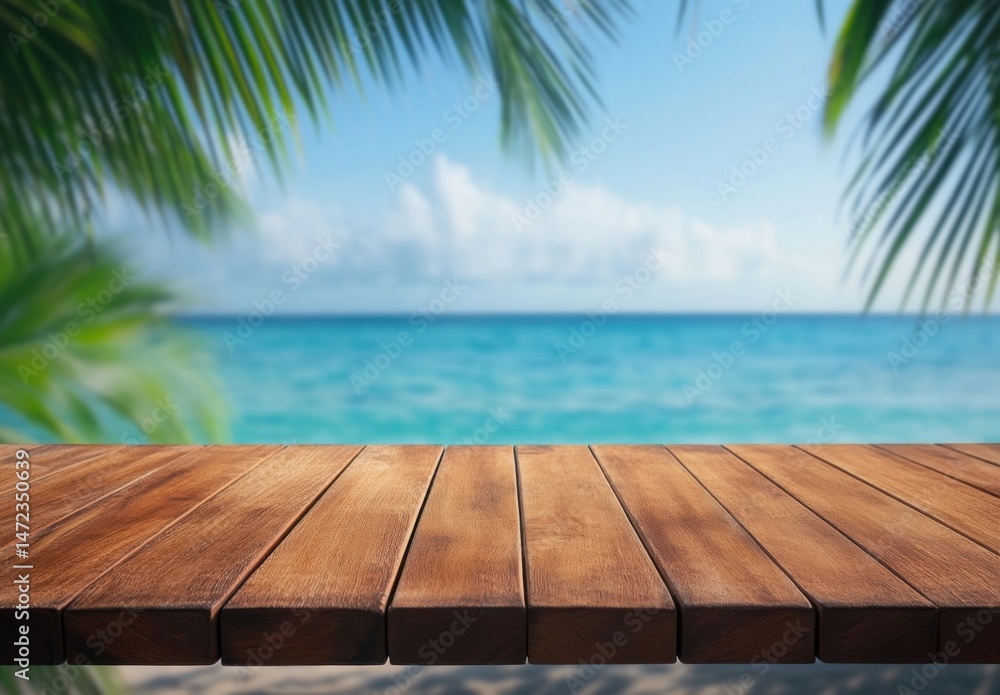 Poster Empty wooden table overlooking a tropical beach scene with palm trees and turquoise ocean under a bright sunny sky. : Generative AI