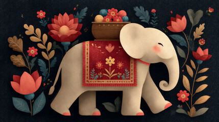 whimsical digital illustration of ganesha's vahana, mushika the mouse, adorned with colorful garlands and a small crown, carrying sweets