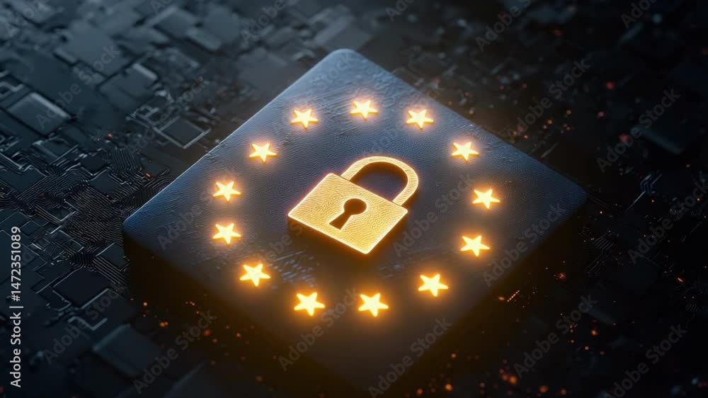 Poster golden lock symbol on circuit board background with european stars emblem representing data security
