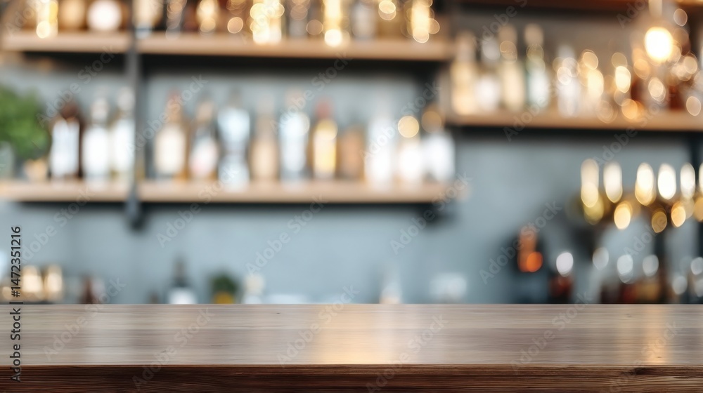 Poster empty wooden bar counter with blurred background of liquor bottles and shelves in a stylish bar sett