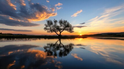 Obraz premium Serene sunset over calm lake, single tree silhouette reflected in still water, vibrant orange and blue sky, peaceful landscape. : Generative AI