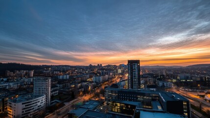 Obraz premium A panoramic view of a city skyline at sunrise, showcasing modern architecture and a vibrant urban landscape bathed in warm, golden light. : Generative AI