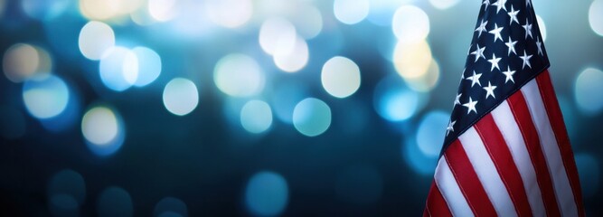 Close-up view of an American flag draped against a blurred backdrop of blue and white bokeh lights, perfect for patriotic celebrations or memorial events. : Generative AI
